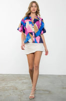 THML:  PUFF SLEEVE BUTTON UP PRINT TOP