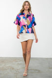 THML:  PUFF SLEEVE BUTTON UP PRINT TOP