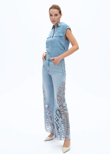 BAYEAS:  HI RISE LACE PATCHWORK WIDE LEG JEAN