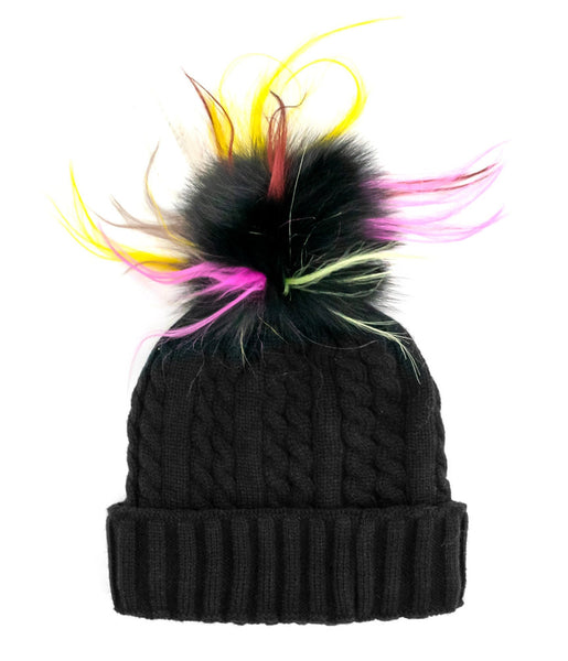 MITCHIES:  KNIT CABLE HAT W/MULTICOLOR POM