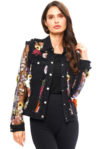 ADORE:  DENIM LACE FLORAL EMBROIDERED JKT