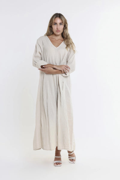 TEES BY TINA:  JO 3/4 SLV V NECK LONG LINEN DRESS