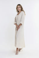 TEES BY TINA:  JO 3/4 SLV V NECK LONG LINEN DRESS