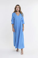 TEES BY TINA:  JO 3/4 SLV V NECK LONG LINEN DRESS