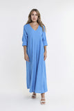 TEES BY TINA:  JO 3/4 SLV V NECK LONG LINEN DRESS