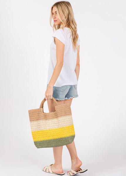 PORTS:  MULTI STRIPE STRAW TOTE BAG