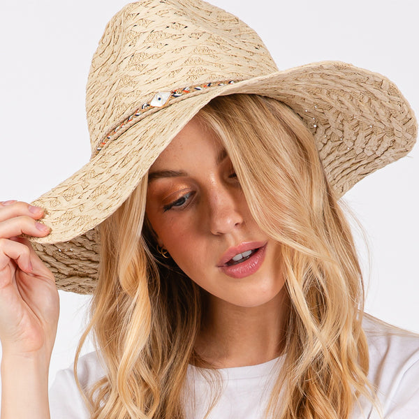 PORTS:  STRAW SUN HAT W/BRAID/EVIL EYE