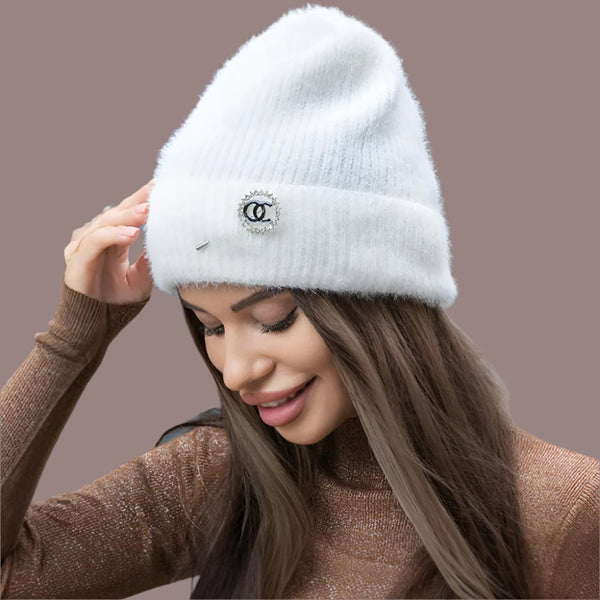 PORTS:  BROOCH ACCENT FUZZY BEANIE HAT