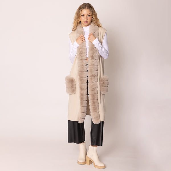 PORTS:  LONG FAUX FUR TRIM VEST/POCKETS