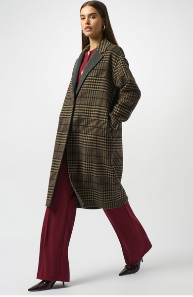 JOSEPH RIBKOFF:  LONG PLAID CONTRAST COLLAR COAT
