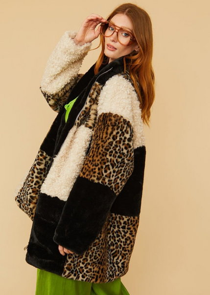JAYLEY:  CHECK LEOPARD SHEARLING FAUX FUR COAT