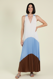 BYU:  LONG HALTER PLEATED COLORBLOCK DRESS