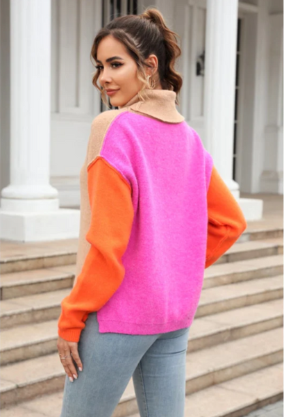 FULL TIME:  COLOR BLOCK T NECK SWEATER