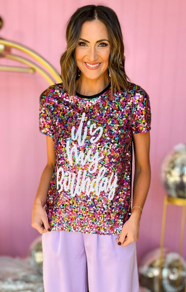 WHY:  IT'S MY BDAY COLORFUL SEQUIN TOP