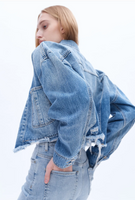 BAYEAS:  DENIM DISTRESSED RAW EDGE JACKET