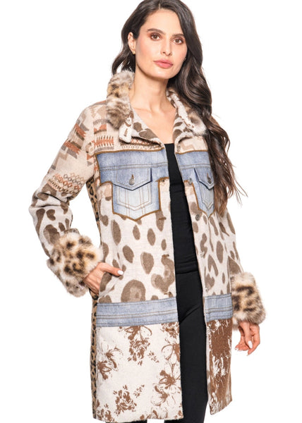 ADORE:  MIXED MEDIA DENIM FAUX FUR TRIM COAT