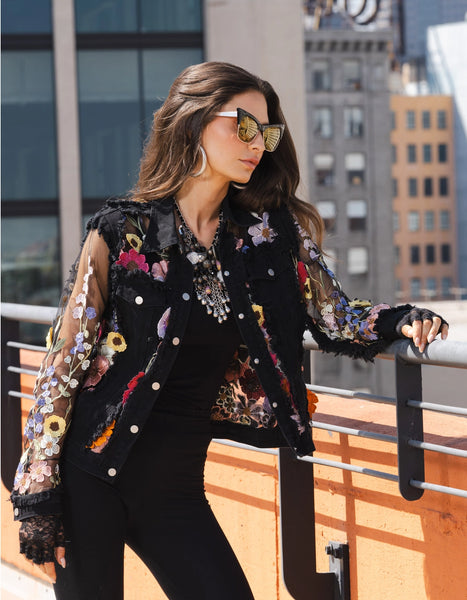 ADORE:  DENIM LACE FLORAL EMBROIDERED JKT