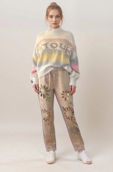 SCANDAL:  ZINNIA FAUX SUEDE FLORAL PRINT PANT
