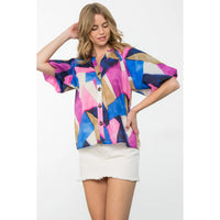 THML:  PUFF SLEEVE BUTTON UP PRINT TOP