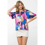 THML:  PUFF SLEEVE BUTTON UP PRINT TOP