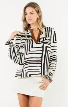 THML:  L/S ABSTRACT PRINT V NECK TOP