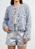 SKIES ARE BLUE:  FEATHERED SEQUIN CROP JACKET